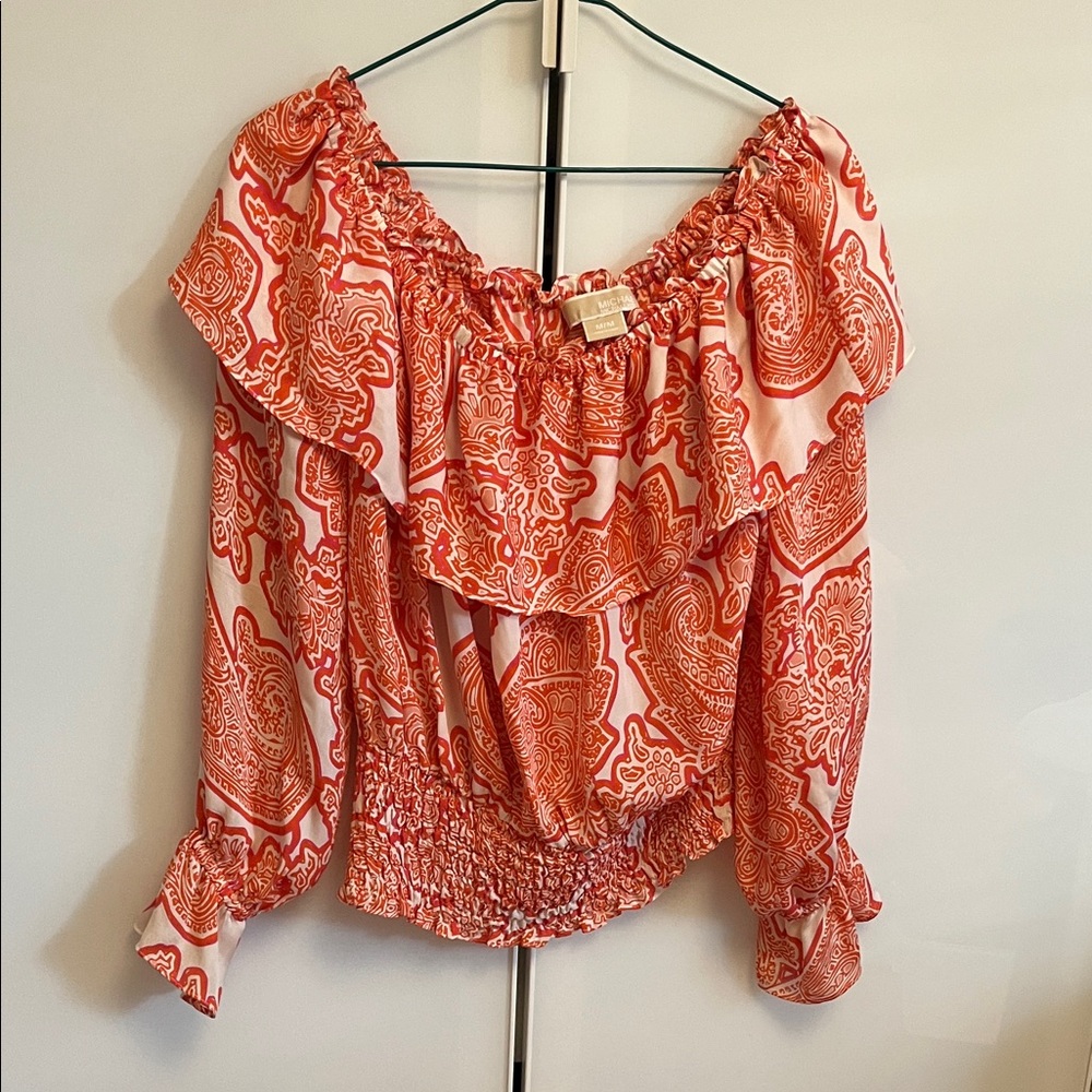 Michael Kors Burnt Orange and Cream Paisley Blouse 100% silk